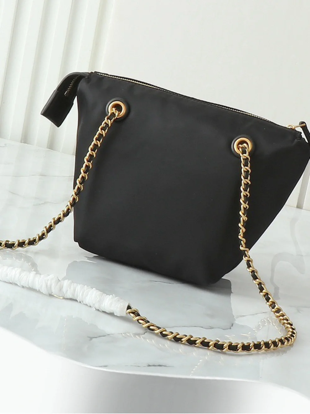 Tory Burch Black Nylon Logo Crossbody with Gold-Tone Chain Strap
